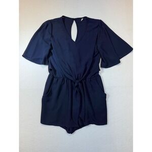 Tychë Women's Medium Navy Blue V Neck Tie Front Flutter Sleeve Romper